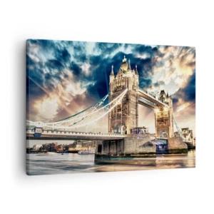Lærredstryk - Billede på lærred - Tower Bridge i skumringen mod en dynamisk himmel - 70x50cm - Et monument over det victorianske imperium - Moderne vægdekoration til stue og soveværelse ARTTOR