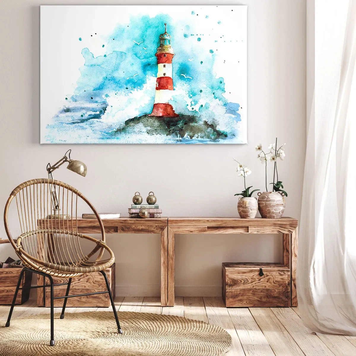 Lærredstryk - Billede på lærred - Et fyrtårn i akvarelfarve med blå baggrund - 70x50cm - Elementernes enhed - Moderne vægdekoration til stue og soveværelse ARTTOR