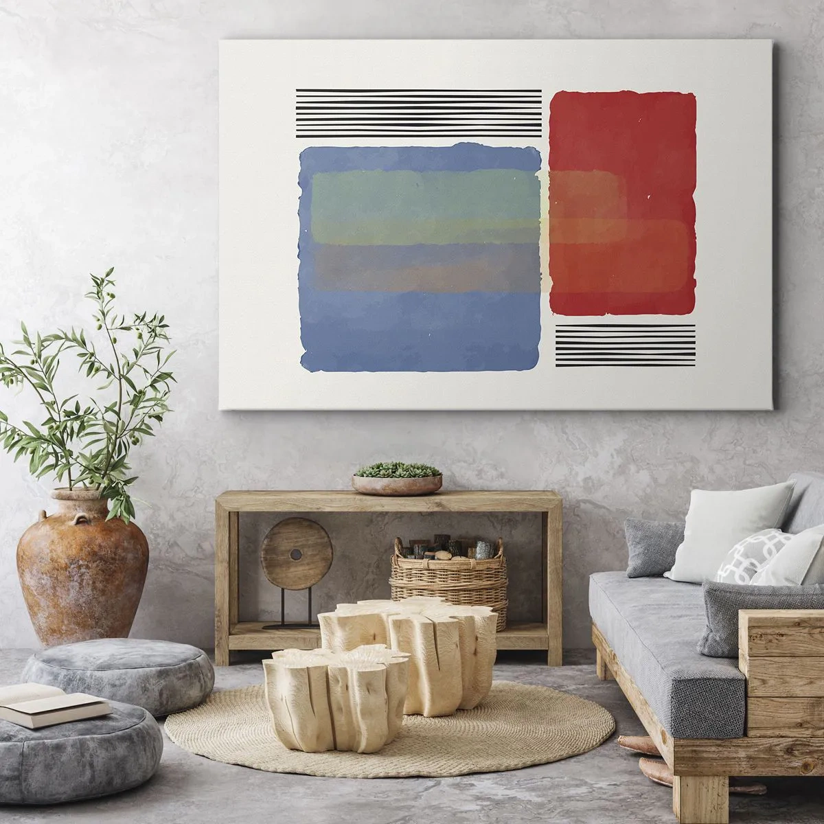 Lærredstryk - Billede på lærred - Geometrisk komposition med farvede blokke og linjer - 70x50cm - Geometriens ånd og bogstav - Moderne vægdekoration til stue og soveværelse ARTTOR