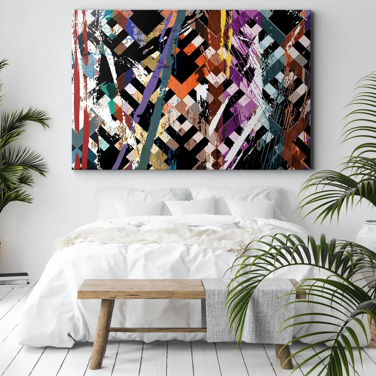 Lærredstryk - Billede på lærred - Abstrakt komposition med farvede linjer på en sort baggrund - 70x50cm - Kvadratisk - Moderne vægdekoration til stue og soveværelse ARTTOR