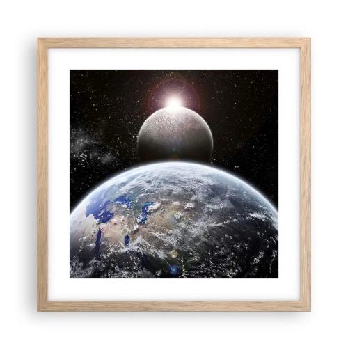 Plakat i ramme af lyst egetræ - Kosmisk landskab - solopgang - 40x40 cm
