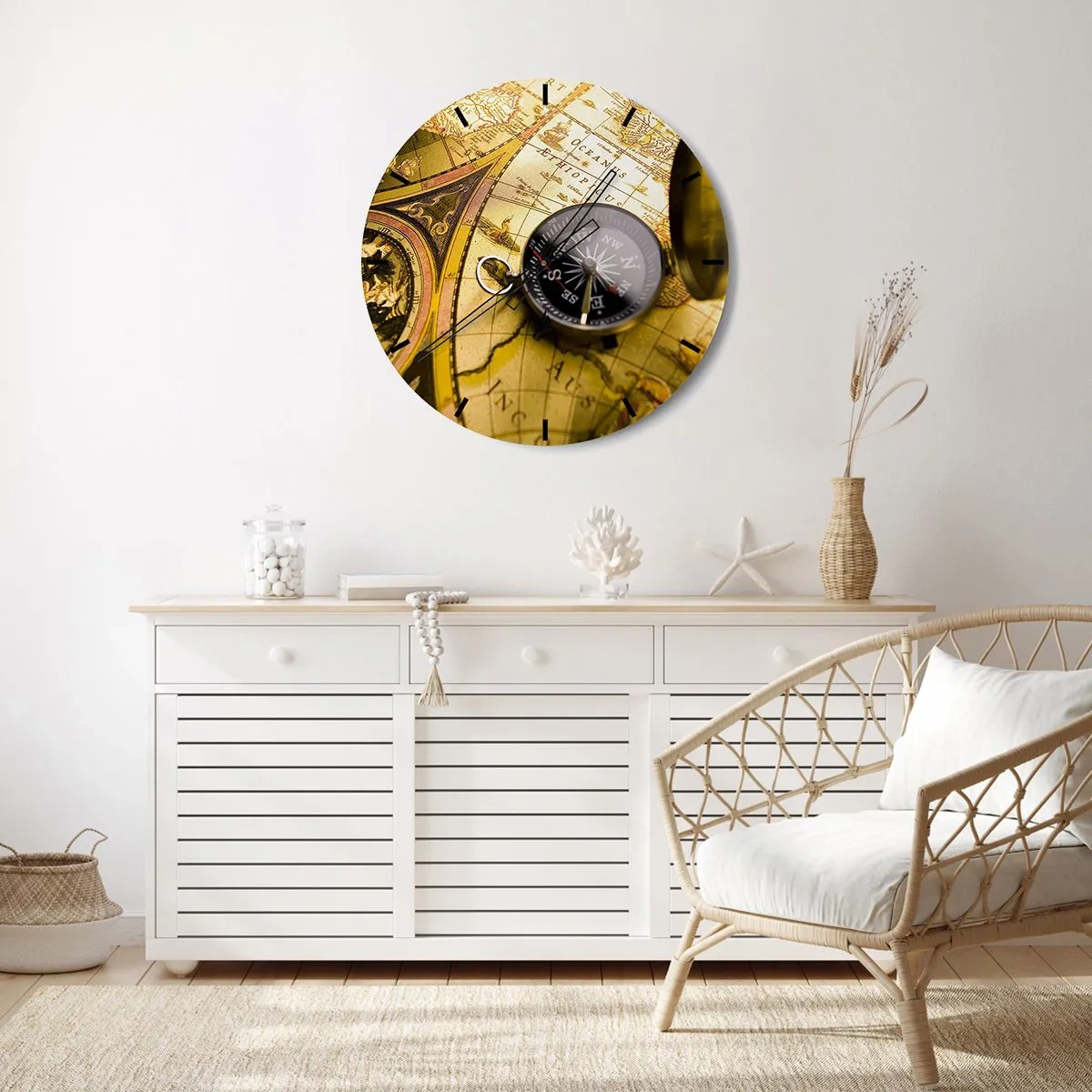 Vægur, Uret - Et kompas på en gammel kortbaggrund - 30x30cm - Eller måske til verdens ende? - Moderne vægdekoration til stue, køkken og soveværelse ARTTOR
