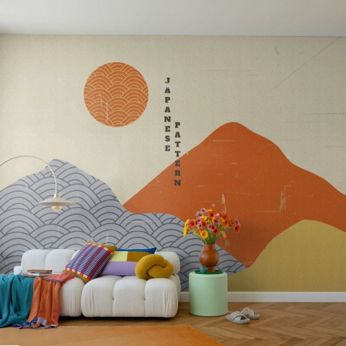 Fototapet Standard Eco - Japansk mønster med bjerge og sol i geometrisk stil - 100x70cm - I den japanske ånd - Moderne vægdekoration til stue og soveværelse ARTTOR