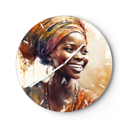 Vægur, Uret - En smilende kvinde i en turban mod en baggrund af akvarelpletter. - 30x30cm - Afrikansk dronning - Moderne vægdekoration til stue, køkken og soveværelse ARTTOR