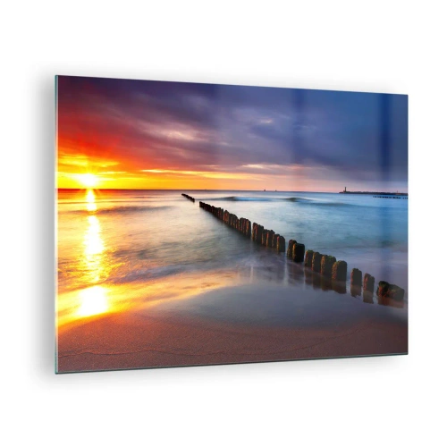 Billede på glas - Solnedgang over havet med træbølgebrydere - 70x50cm - Lyt til stilheden - Moderne vægdekoration til stue og soveværelse ARTTOR
