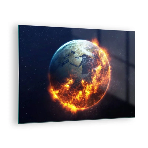 Billede på glas - Jorden omgivet af flammer i det ydre rum - 70x50cm - Apokalypsens flamme - Moderne vægdekoration til stue og soveværelse ARTTOR