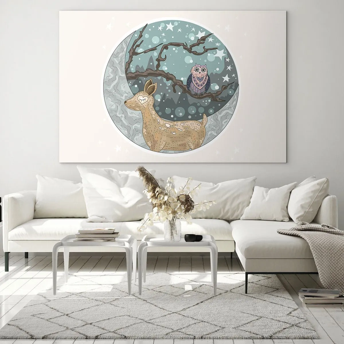 Billede på glas - Illustration af en hjort og en ugle i magiske omgivelser - 70x50cm - En eventyrlig skovnat - Moderne vægdekoration til stue og soveværelse ARTTOR