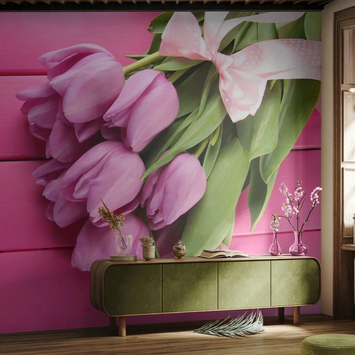 Fototapet Premium Sand - Kun til dig - Blomster, Tulipaner, Buket blomster - 100x70 cm
