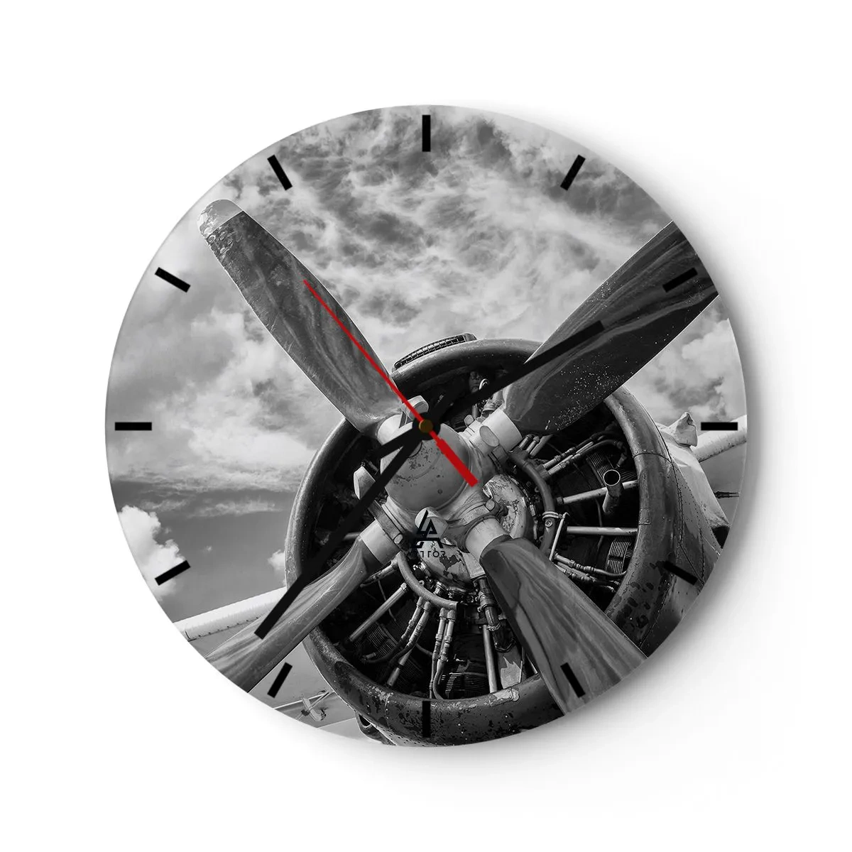 Vægur, Uret - Flypropelmotor i sort og hvid - 30x30cm - Himmelens erobrer - Moderne vægdekoration til stue, køkken og soveværelse ARTTOR