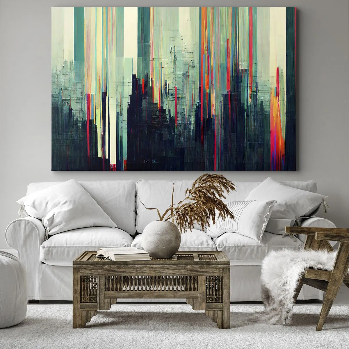 Lærredstryk - Billede på lærred - Abstraktion med lodrette linjer og en byskyline - 70x50cm - Futuristisk by - Moderne vægdekoration til stue og soveværelse ARTTOR