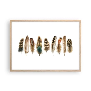 Plakat i ramme af lyst egetræ - Variation med fjer - 70x50 cm