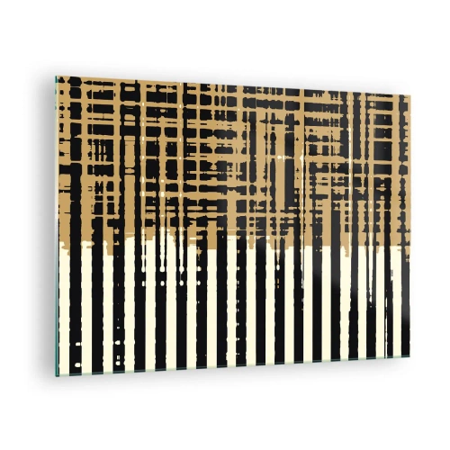 Billede på glas - Geometriske striber og linjer i nuancer af sort og guld - 70x50cm - Arkitektonisk abstraktion - Moderne vægdekoration til stue og soveværelse ARTTOR