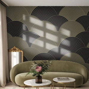 Fototapet Standard Eco - Gyldne halvcirkler, der danner et japansk mønster på sort - 100x70cm - Enhed i mangfoldighed - Moderne vægdekoration til stue og soveværelse ARTTOR