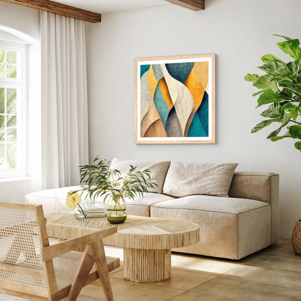 Plakat i ramme af lyst egetræ - Rytme og bølger - 50x50 cm