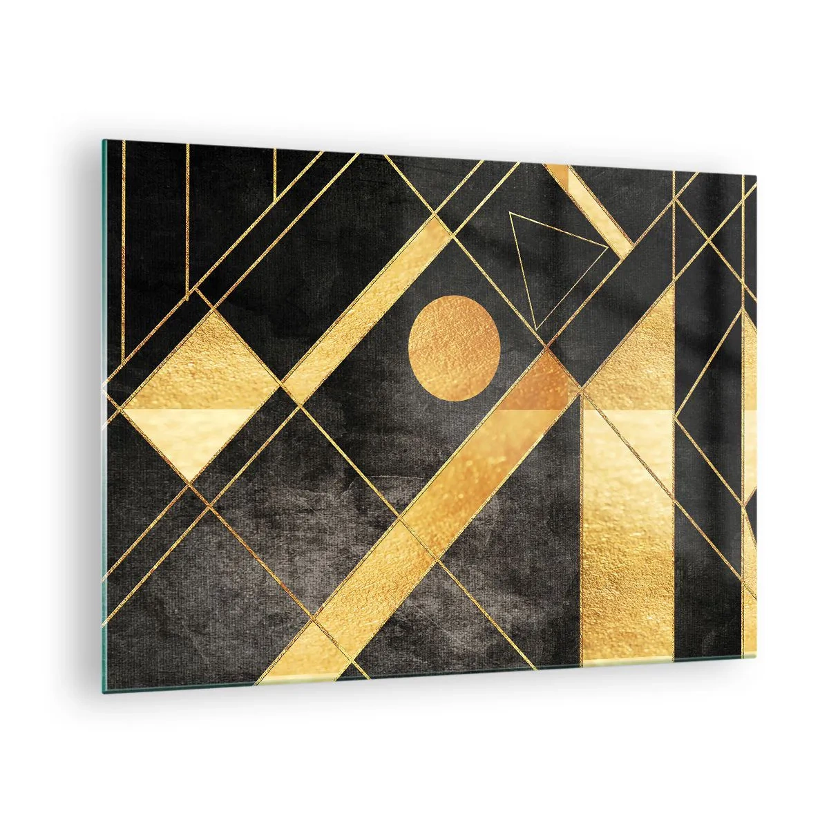 Billede på glas - Gyldne geometriske mønstre på en sort baggrund - 70x50cm - Ørkenens sol - Moderne vægdekoration til stue og soveværelse ARTTOR