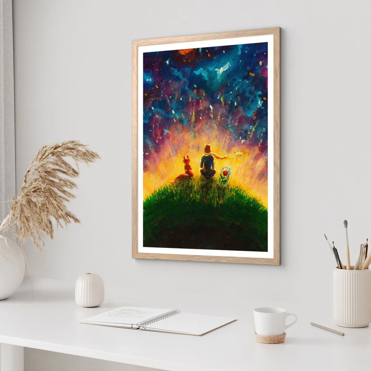 Plakat i ramme af lyst egetræ - Kærlighed og venskab - hele verden - 70x100 cm