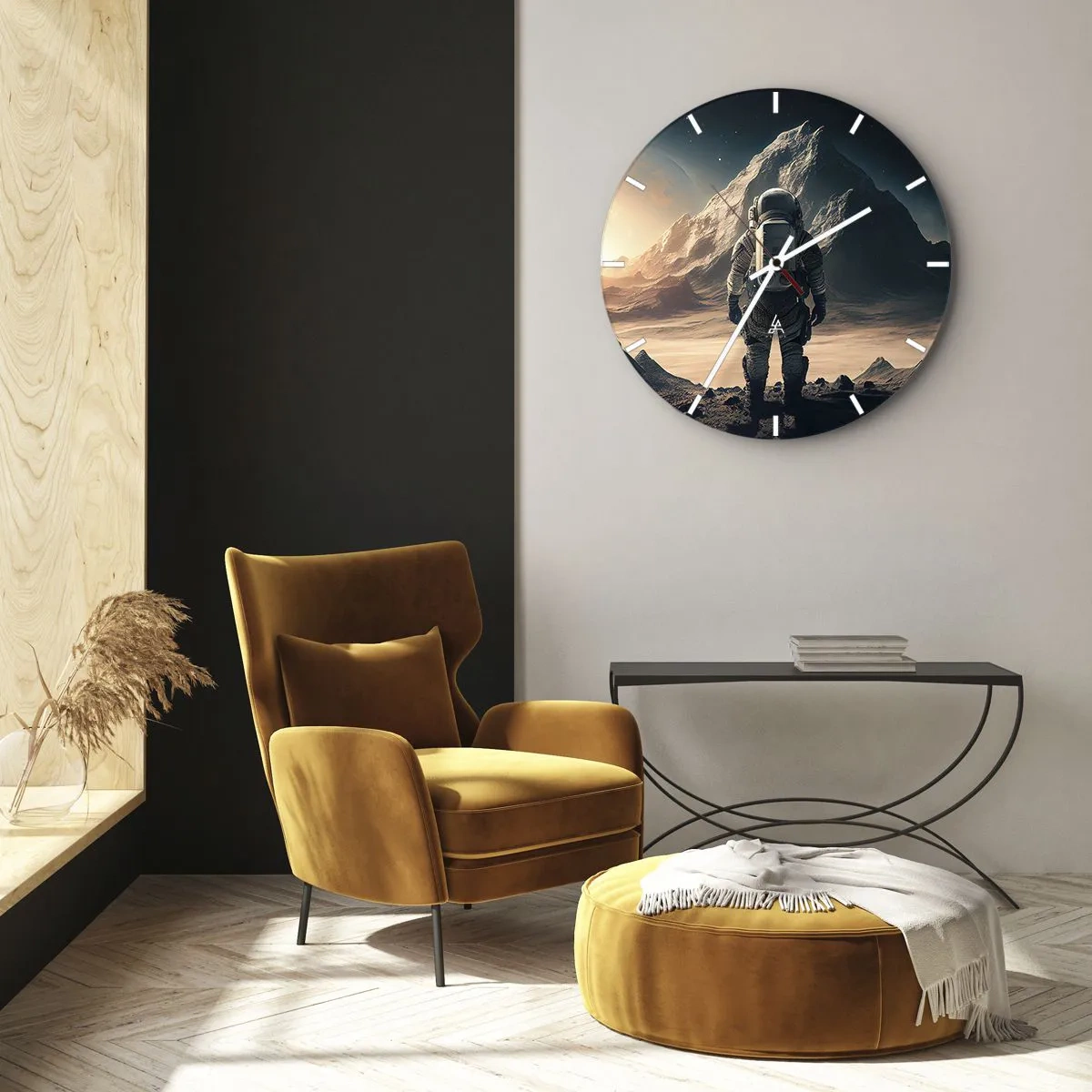 Vægur, Uret - En astronaut kigger på et rumlandskab med et bjerg - 30x30cm - En ny udfordring - Moderne vægdekoration til stue, køkken og soveværelse ARTTOR