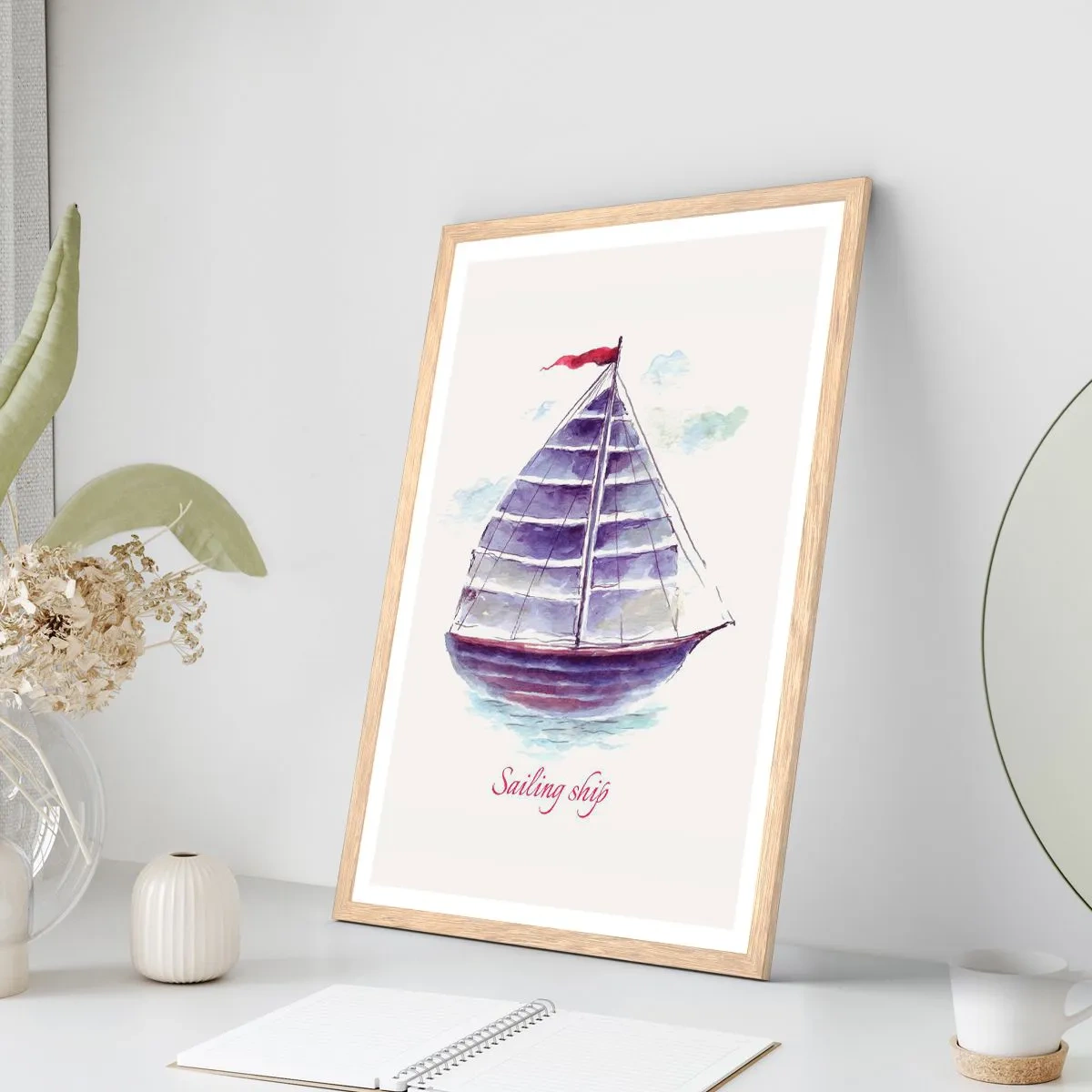 Plakat i ramme af lyst egetræ - Fulde sejl og roligt vand - 70x100 cm