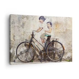 Lærredstryk - Billede på lærred - Gadekunst med en cykel og børnetegninger på væggen - 70x50cm - Sandt eller falsk? - Moderne vægdekoration til stue og soveværelse ARTTOR