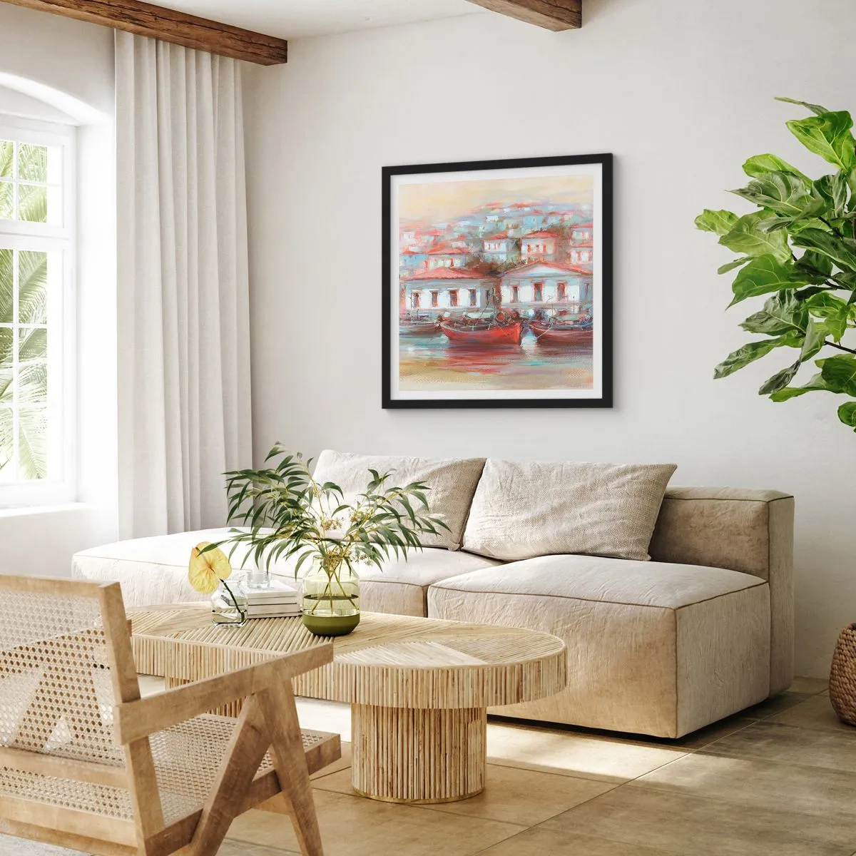 Plakat i sort ramme - Lykkelig by - 50x50 cm