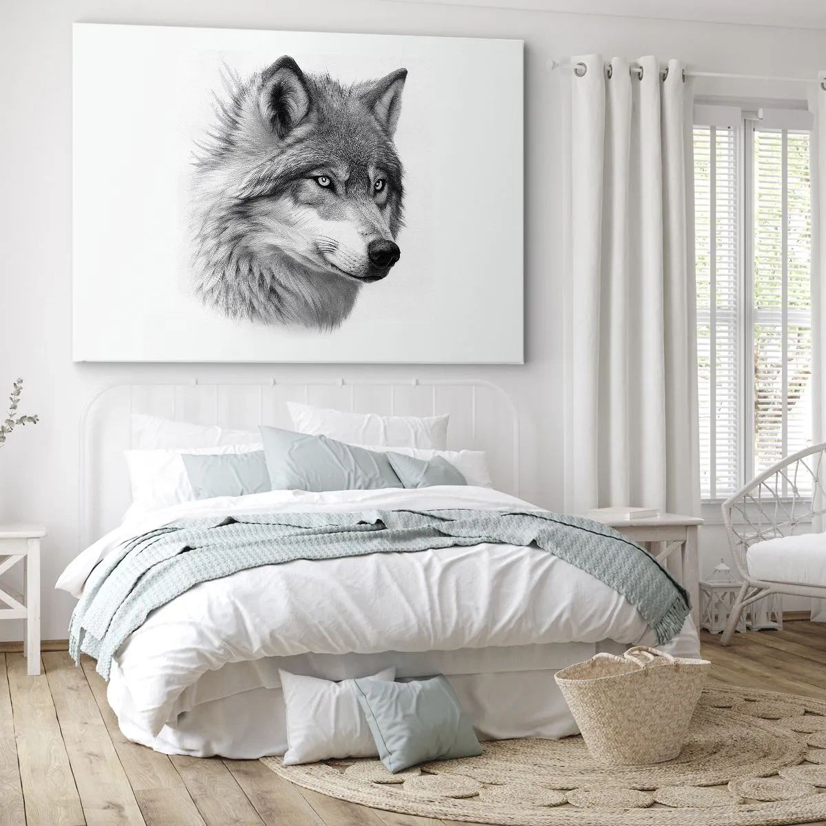 Lærredstryk - Billede på lærred - Et realistisk portræt af en ulv i grå nuancer. - 70x50cm - Alpha - uden tvivl - Moderne vægdekoration til stue og soveværelse ARTTOR