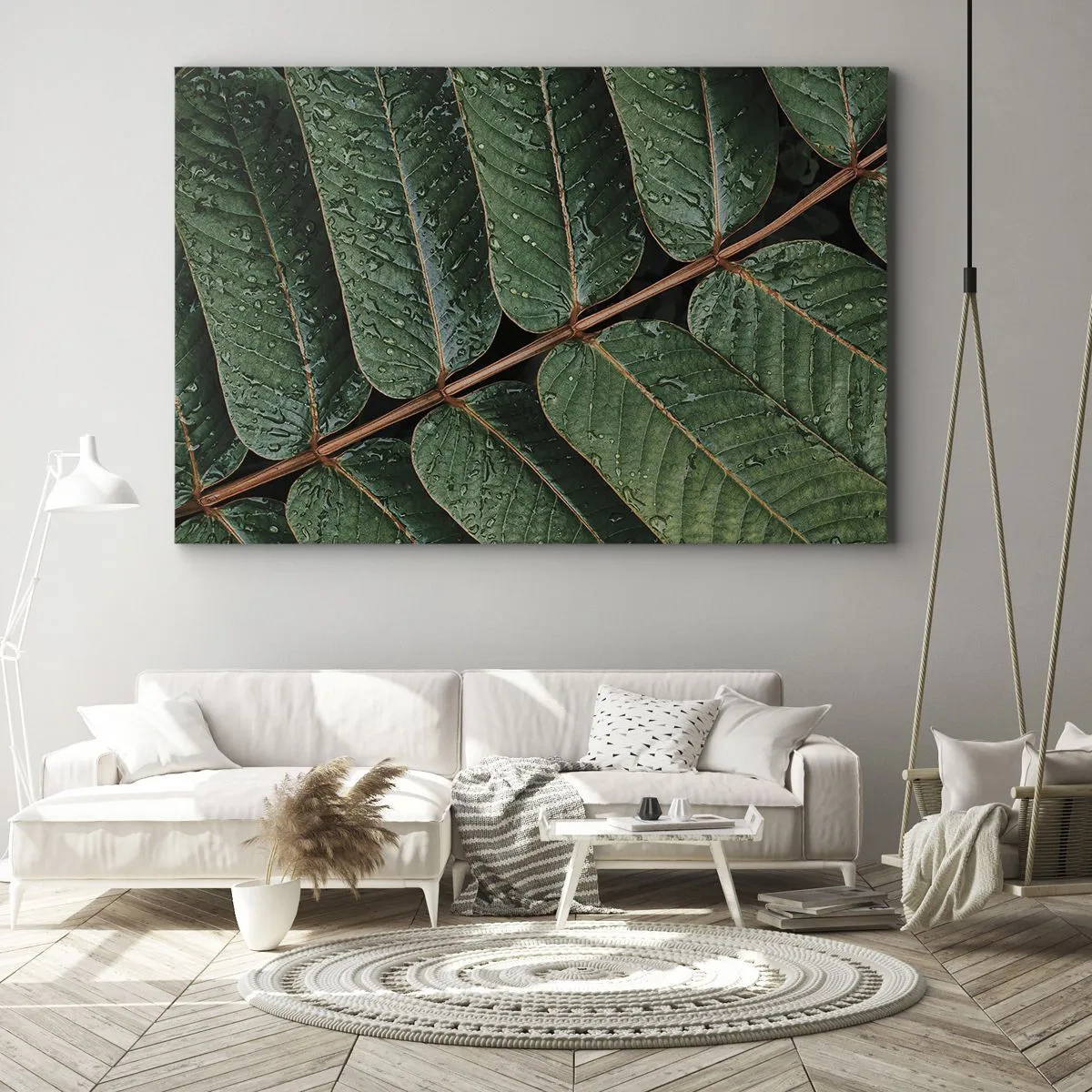 Lærredstryk - Billede på lærred - Makrobillede af grønne blade med dugdråber - 70x50cm - I en grøn rytme - Moderne vægdekoration til stue og soveværelse ARTTOR