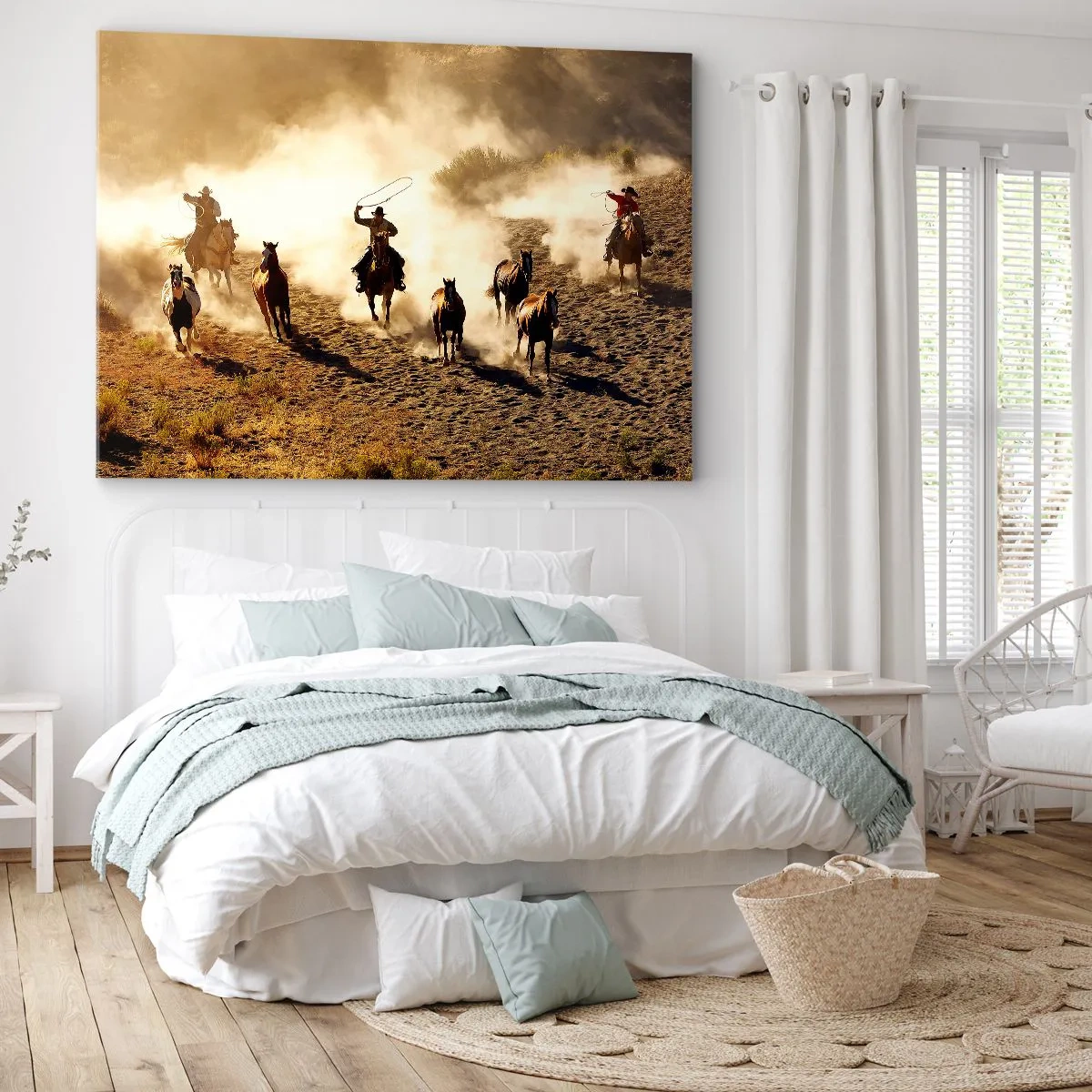 Lærredstryk - Billede på lærred - Cowboys på hesteryg i aktion i ørkenterrænet - 70x50cm - Et ægte vildt vesten - Moderne vægdekoration til stue og soveværelse ARTTOR