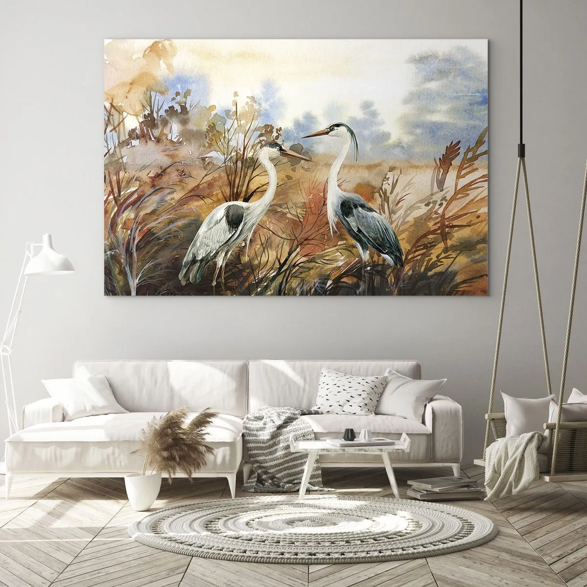 Billede på glas - To traner i et efterårslandskab malet i akvarel - 70x50cm - Hvor skal vi hen om efteråret? - Moderne vægdekoration til stue og soveværelse ARTTOR