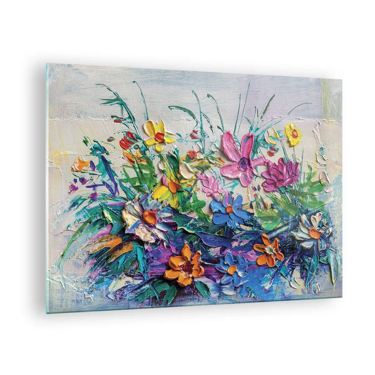 Billede på glas - Et farverigt blomsterarrangement i malerisk stil - 70x50cm - Overhovedet ikke et stilleben - Moderne vægdekoration til stue og soveværelse ARTTOR