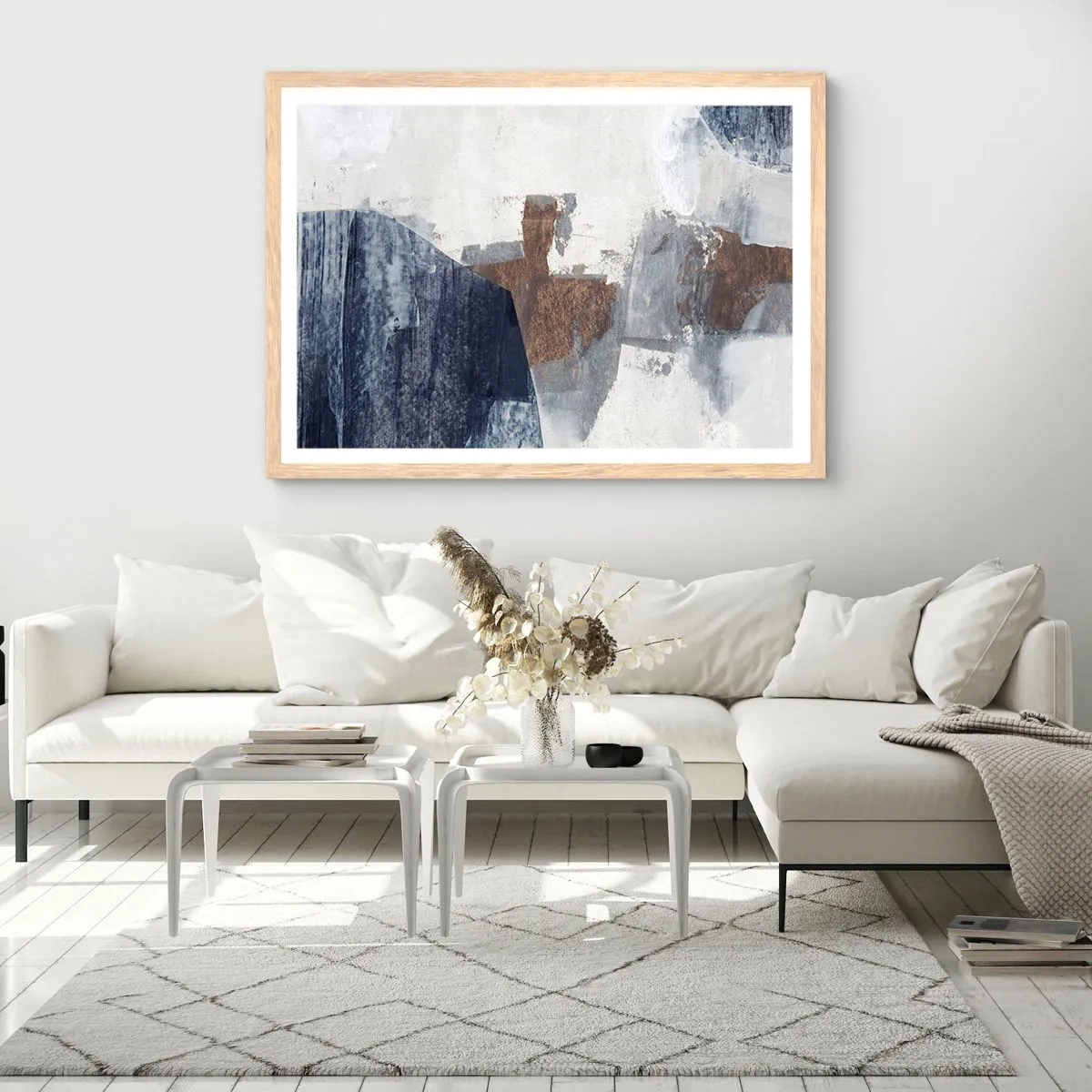 Plakat i ramme af lyst egetræ - Blåbrune former - 100x70 cm