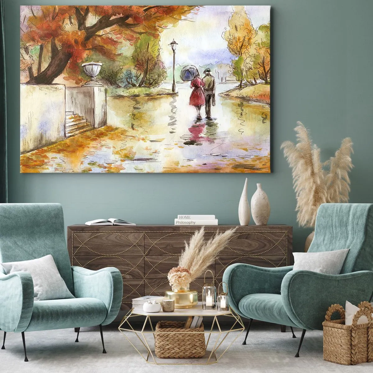 Lærredstryk - Billede på lærred - En gåtur i efterårsparken med en paraply - 70x50cm - Romantisk efterår i parken - Moderne vægdekoration til stue og soveværelse ARTTOR