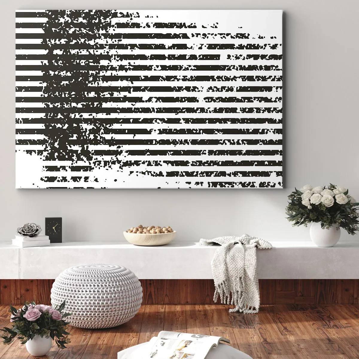 Lærredstryk - Billede på lærred - Abstrakte linjer med en distressed-effekt i sort-hvid - 70x50cm - Rytme og støj - Moderne vægdekoration til stue og soveværelse ARTTOR