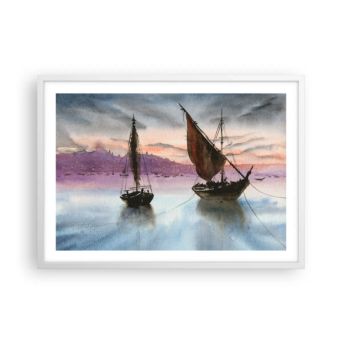 Plakat i hvid ramme - Aften i havnen - 70x50 cm