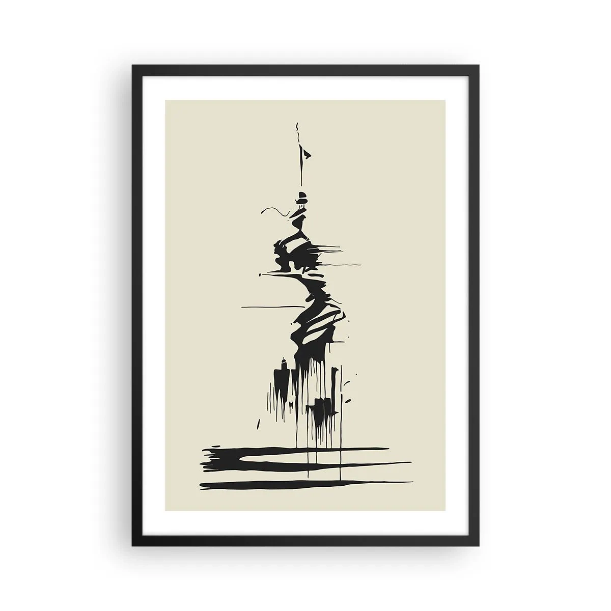 Plakat i sort ramme - En abstrakt tegning af en figur mod en bølget baggrund. - 50x70cm - Skyndsom abstraktion - Moderne vægdekoration til stue og soveværelse ARTTOR
