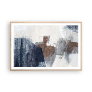 Plakat i ramme af lyst egetræ - Blåbrune former - 91x61 cm