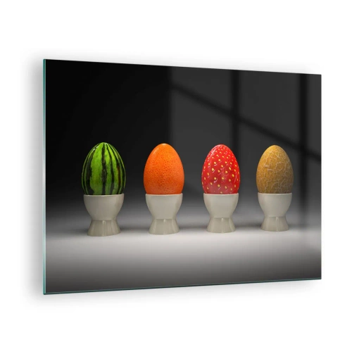 Billede på glas - Æg i frugtskaller på en stand - 70x50cm - Frugt morgenmad - Moderne vægdekoration til stue og soveværelse ARTTOR