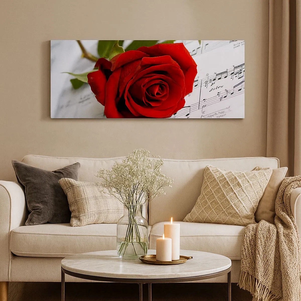 Lærredstryk - Billede på lærred - Musik af følelser i skarlagenrødt - 100x40 cm