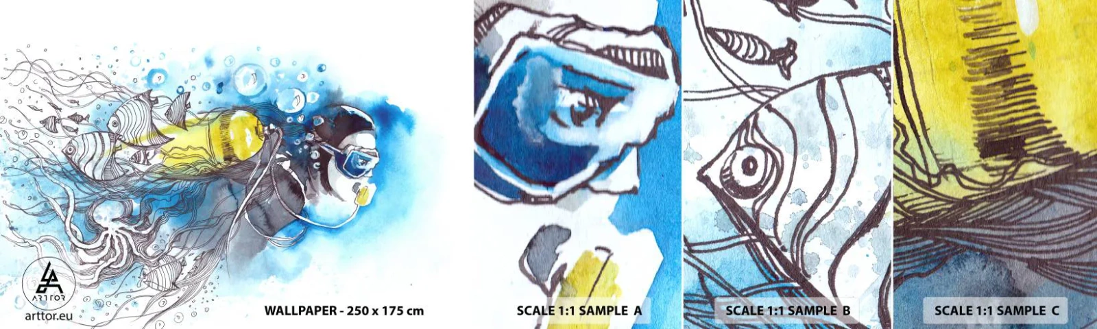 Prøve Fototapet Selvklæbende Deluxe Sticker - Stor blå - Dykning, Fisk, Sport - 100x30 cm