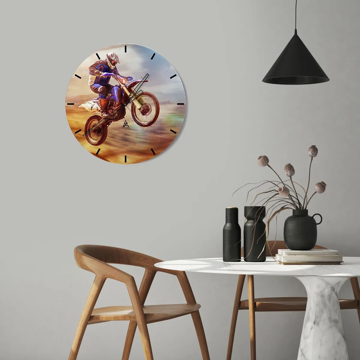 Vægur, Uret - En rytter på en motocrosscykel i et dynamisk billede - 30x30cm - Svimmelhed på motorcykel - Moderne vægdekoration til stue, køkken og soveværelse ARTTOR