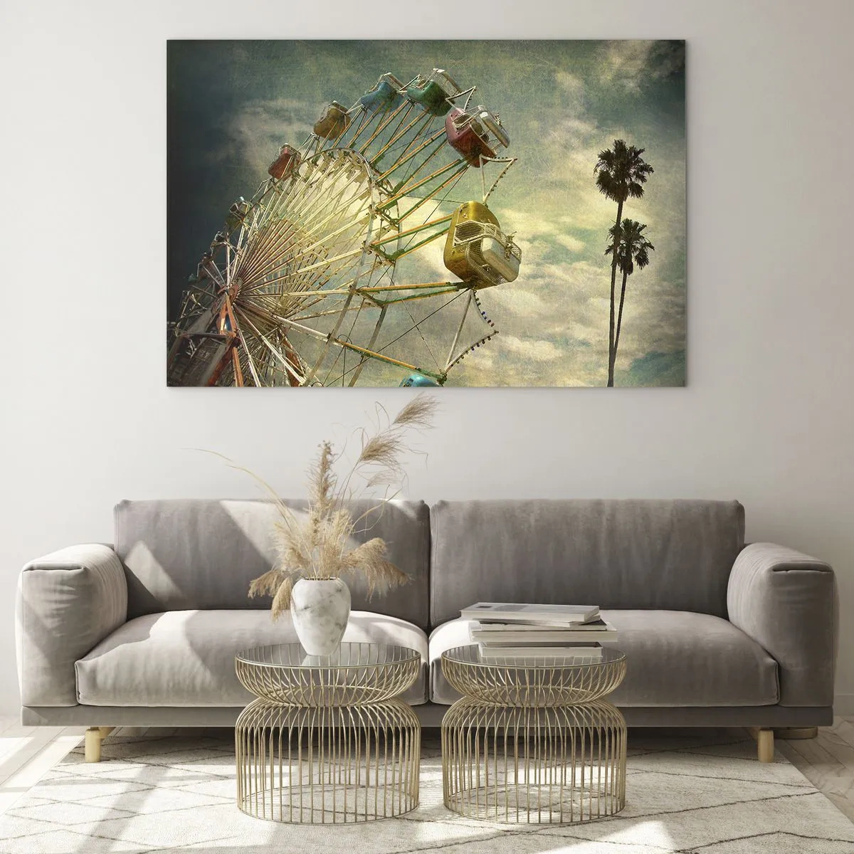 Billede på glas - Et pariserhjul mod himlen og palmer i retrostil - 70x50cm - Vil være, vil være sjov.... - Moderne vægdekoration til stue og soveværelse ARTTOR