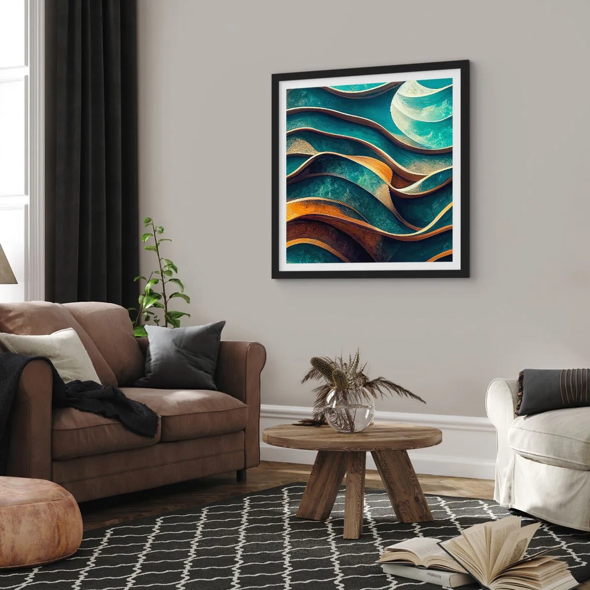 Plakat i sort ramme - Slyngninger af blåt - 60x60 cm