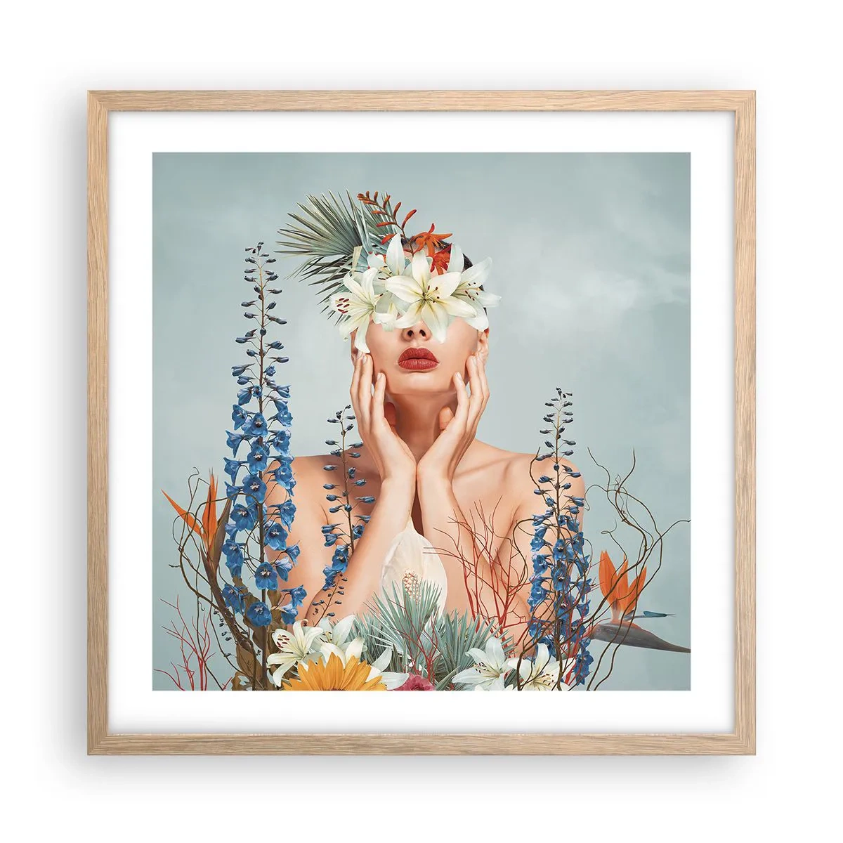 Plakat i ramme af lyst egetræ - Kvinde blomst - 50x50 cm