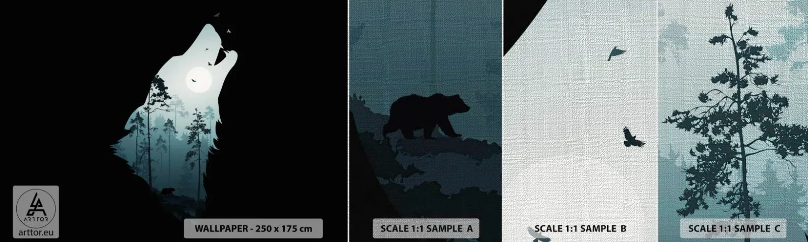 Prøve Fototapet Premium Canvas - Skovnattens stemme - Abstraktion, Bjørn, Hule - 100x30 cm