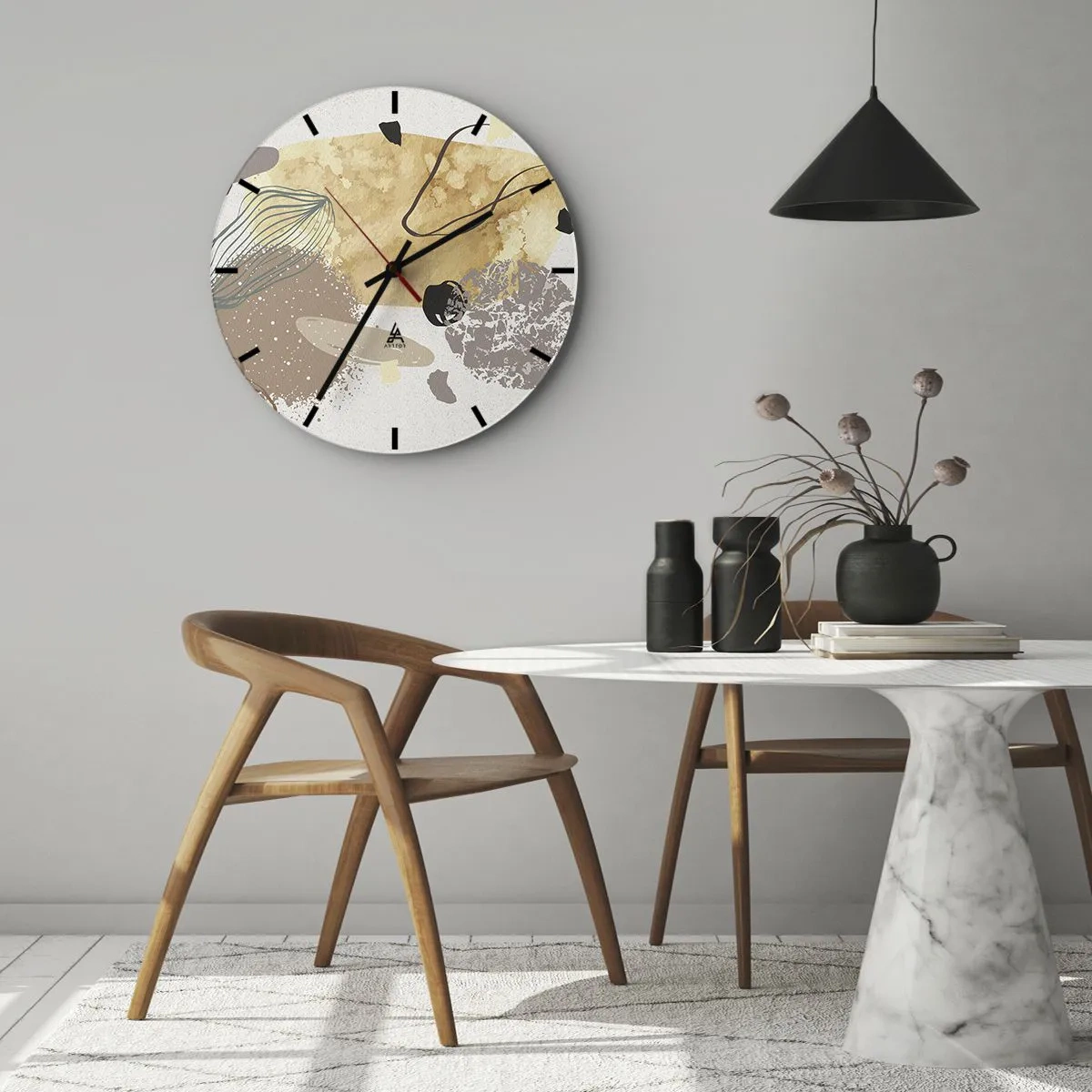 Vægur, Uret - Kunstnerisk abstraktion i beige og brune toner - 30x30cm - Anvendt plumkologi - Moderne vægdekoration til stue, køkken og soveværelse ARTTOR