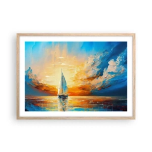 Plakat i ramme af lyst egetræ - Sejler i guld - 70x50 cm