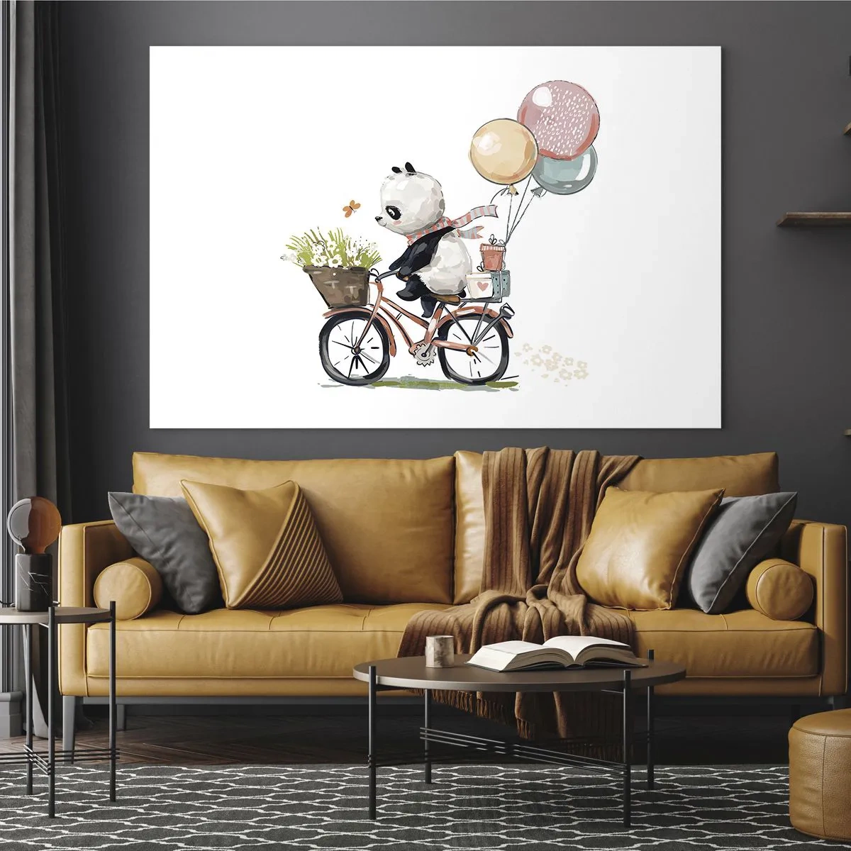 Billede på glas - En panda cykler med balloner og en kurv med blomster. - 70x50cm - Glædelig dag - Moderne vægdekoration til stue og soveværelse ARTTOR