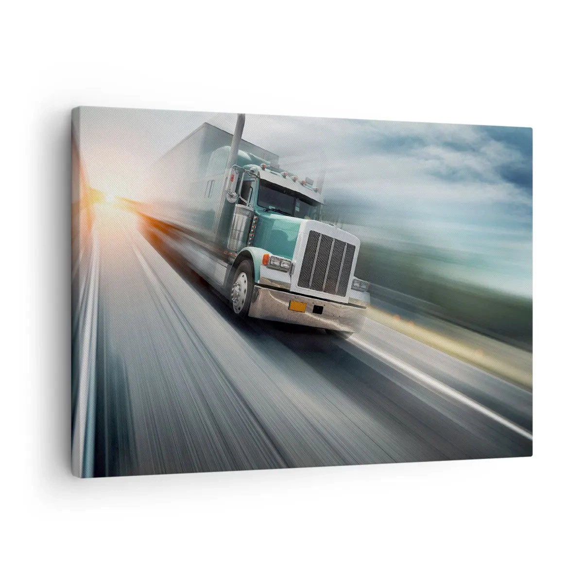 Lærredstryk - Billede på lærred - En lastbil på motorvejen i bevægelse ved solnedgang - 70x50cm - Amerikansk gigant på vej - Moderne vægdekoration til stue og soveværelse ARTTOR