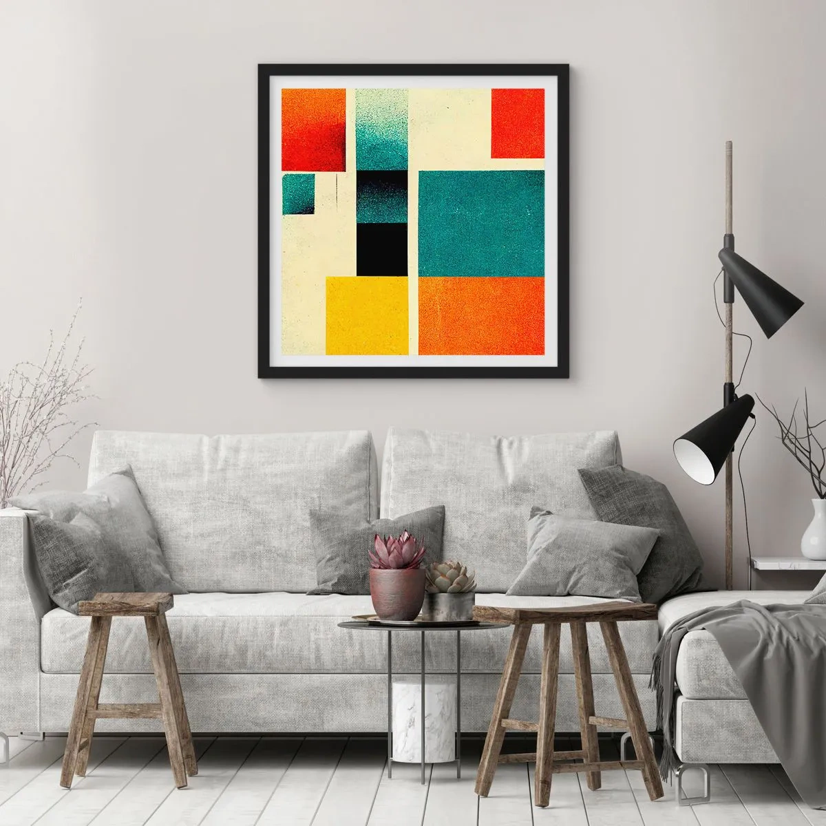 Plakat i sort ramme - Geometrisk abstraktion - god energi - 30x30 cm