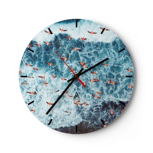 Vægur, Uret - En flok flamingoer over havbølgerne set fra et fugleperspektiv - 30x30cm - Parade ved havet - Moderne vægdekoration til stue, køkken og soveværelse ARTTOR