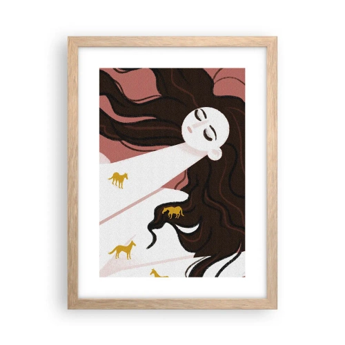 Plakat i ramme af lyst egetræ - Drøm om en gylden hest - 30x40 cm